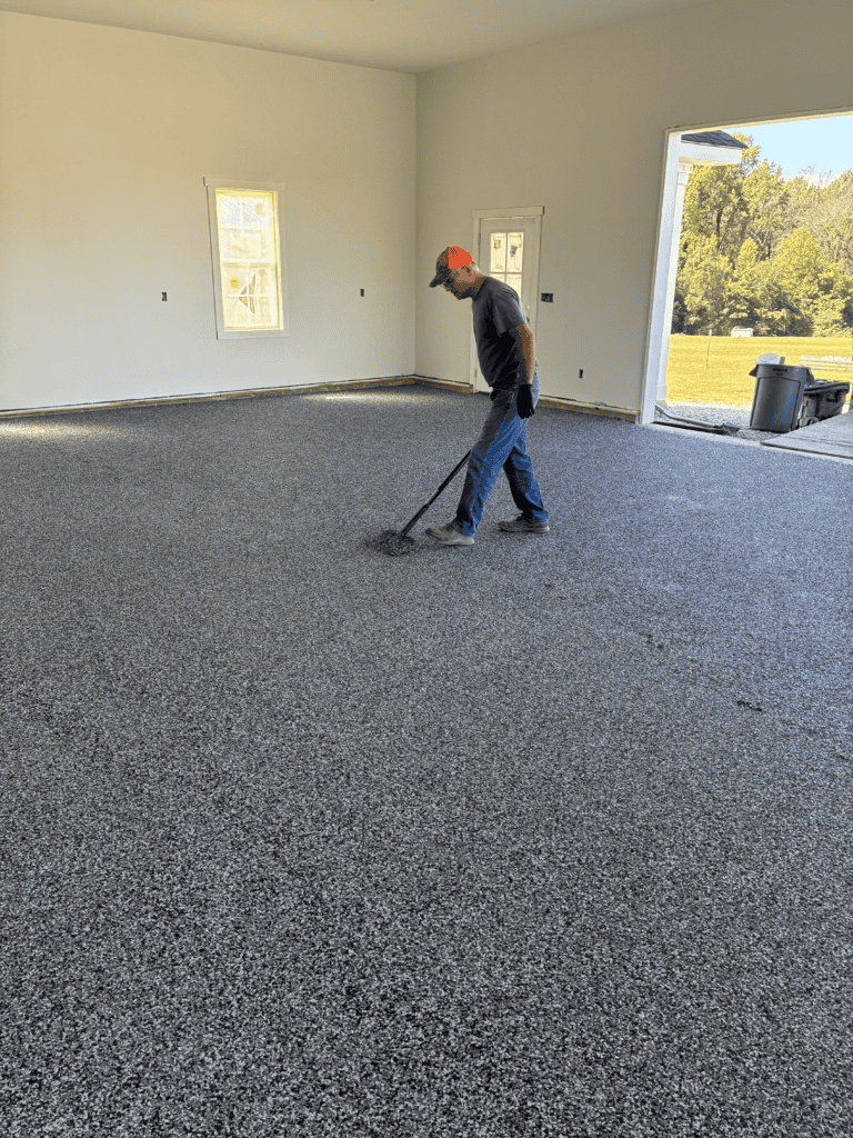 Decorative flake garage floor installation in Four Oaks NC