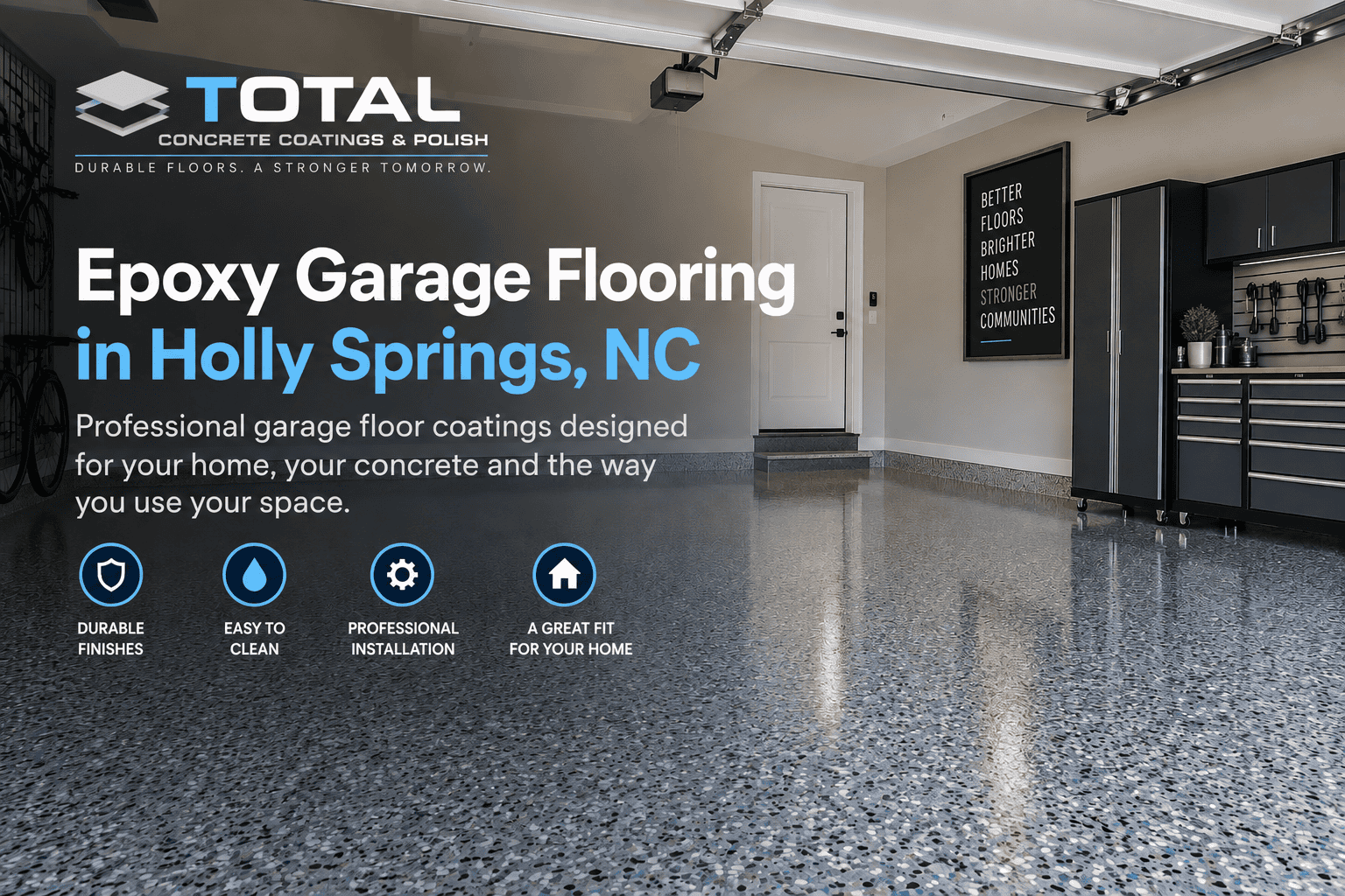 Epoxy garage floor coating and concrete polishing in Holly Springs, NC.